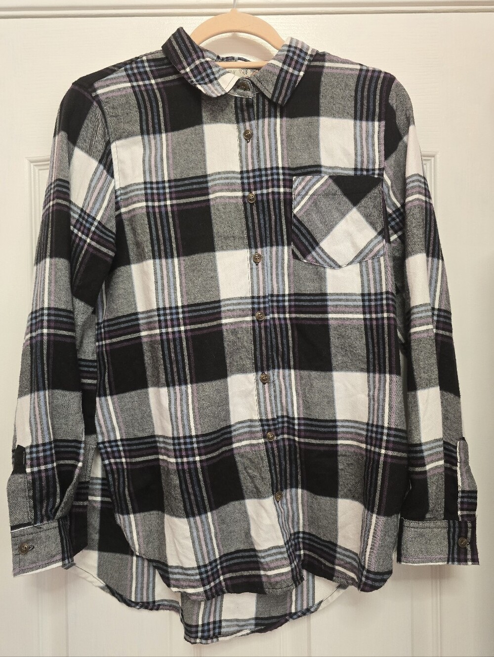 Pink Rose Flannel Button Down - Purple, Black, Blue Plaid, size Small